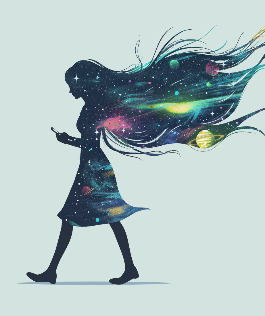 girl walking with hair that looks like the cosmos